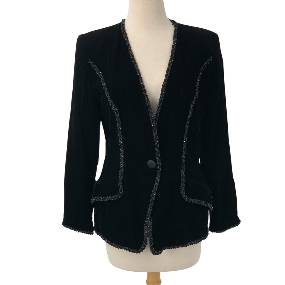 Black Tie Oleg Cassini Black Velvet Blazer Woven Beaded Trim Evening Jacket Sz 8